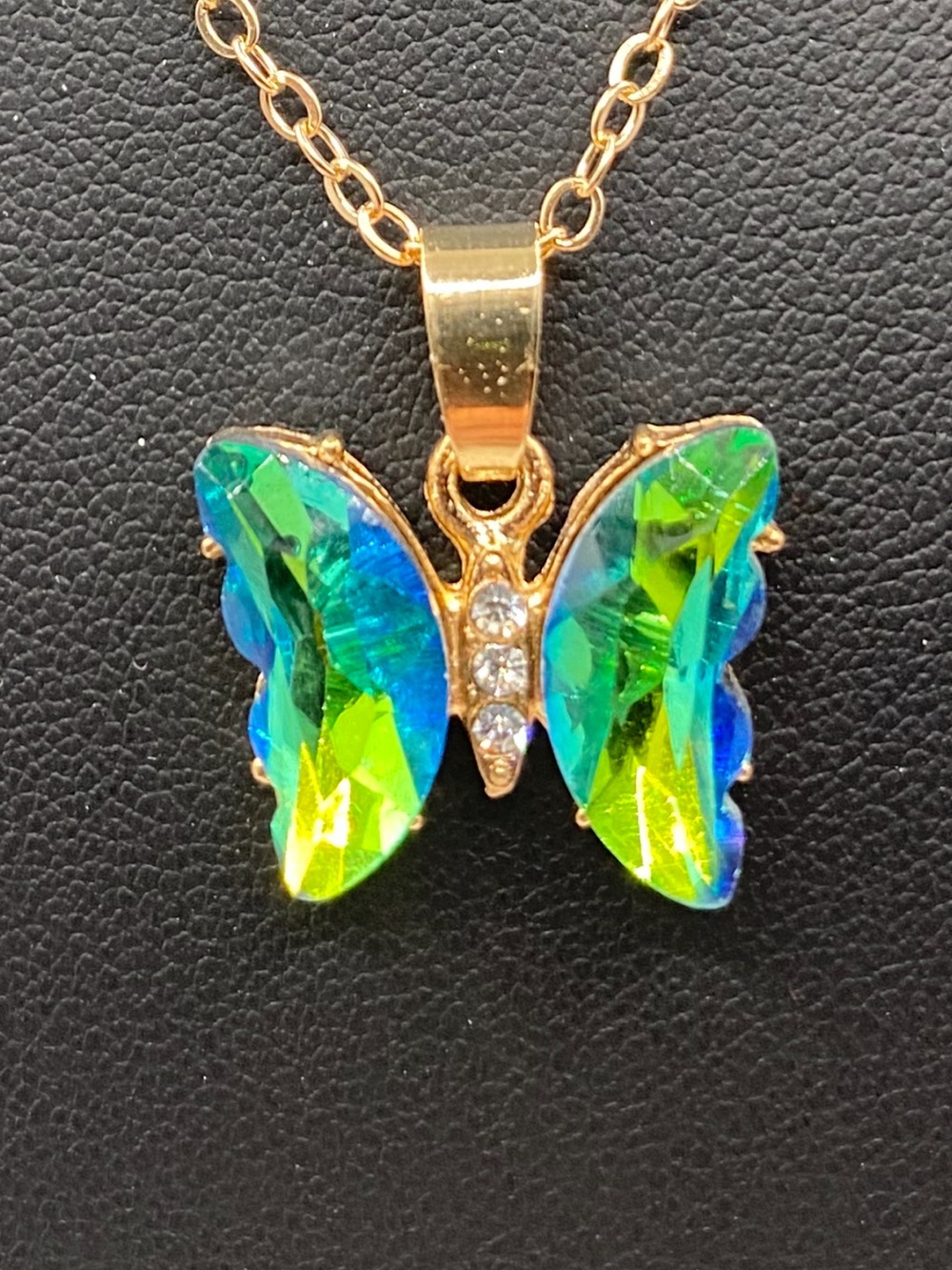 Gold Butterfly Pendant Necklace with Blue-Green Crystal Wings